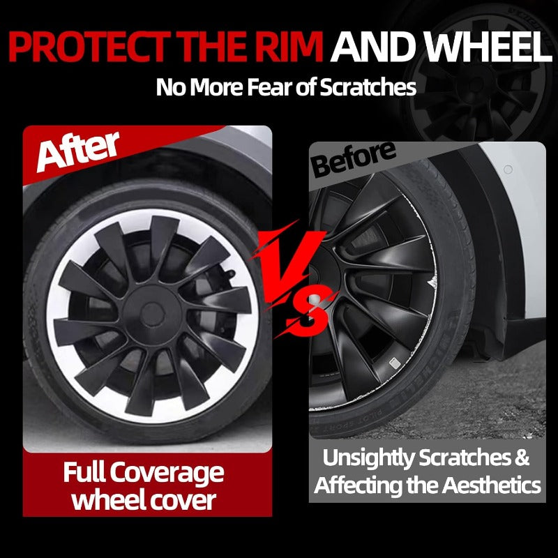 Comparison image of Tesla Model Y 19" 20" Rim Protector Hubcaps showing full coverage and scratch protection