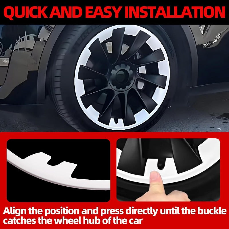 Quick installation of Tesla Model Y 19" 20" Rim Protector Hubcaps on a stylish black wheel