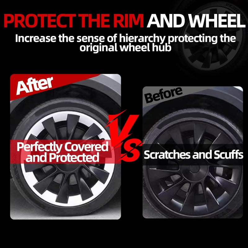 Comparison image showing Tesla Model Y 19" 20" Rim Protector Hubcaps covering rims with protection from scratches and scuffs