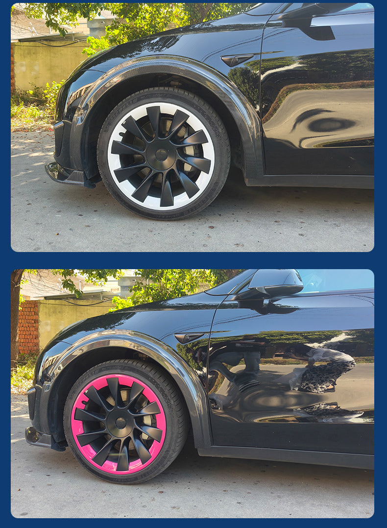 Tesla Model Y 19" 20" Rim Protector Hubcaps in Black and Colorful Styles on a Black Vehicle