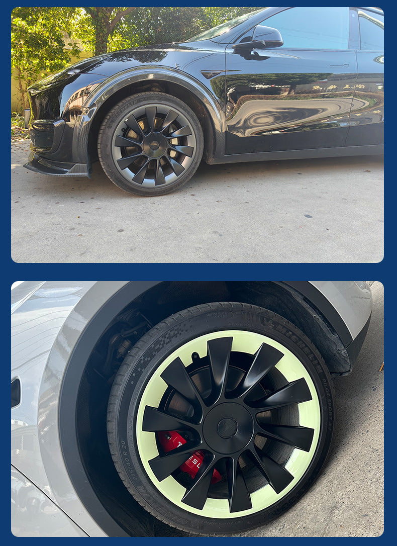 Tesla Model Y 19" 20" Rim Protector Hubcaps showcased on sleek black and silver wheels