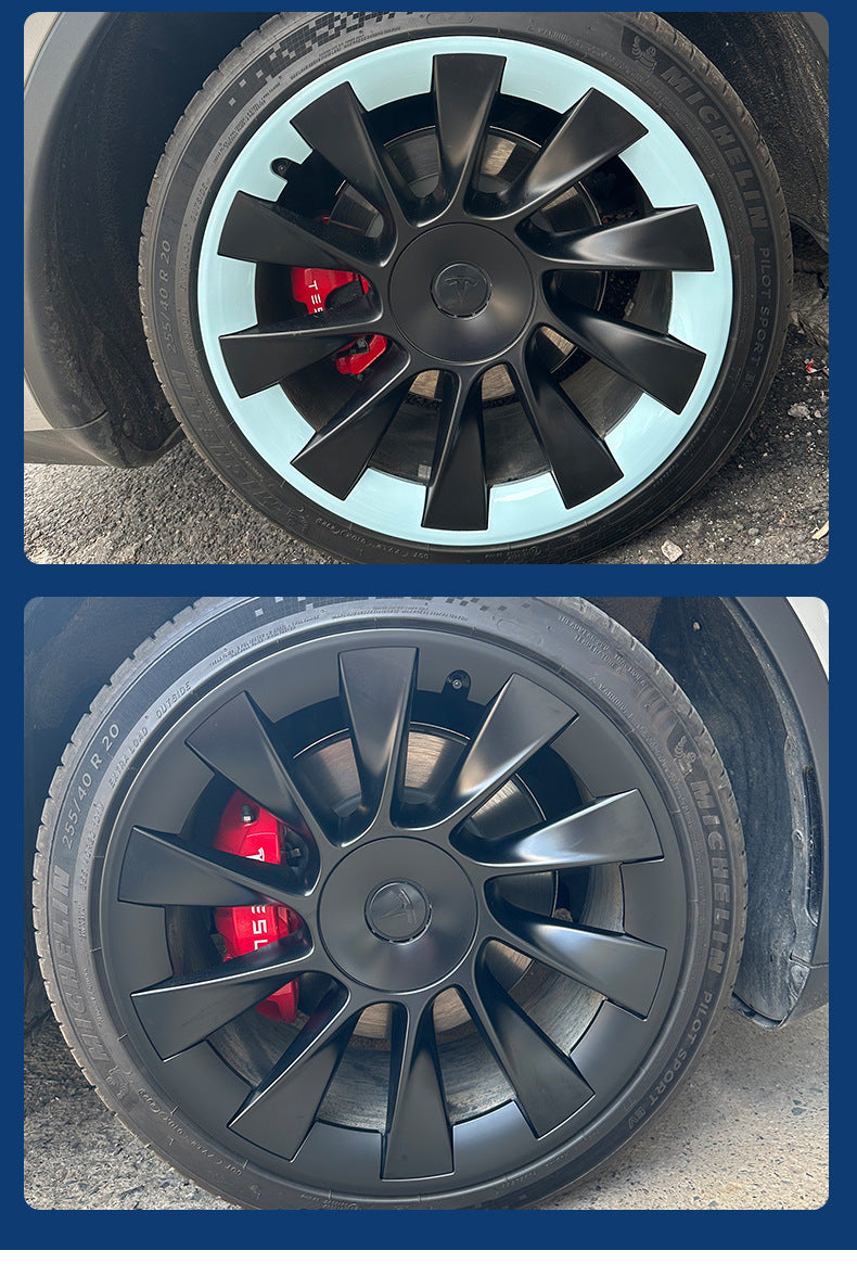 Tesla Model Y 19" 20" Rim Protector Hubcaps displayed on black rims with red brake calipers