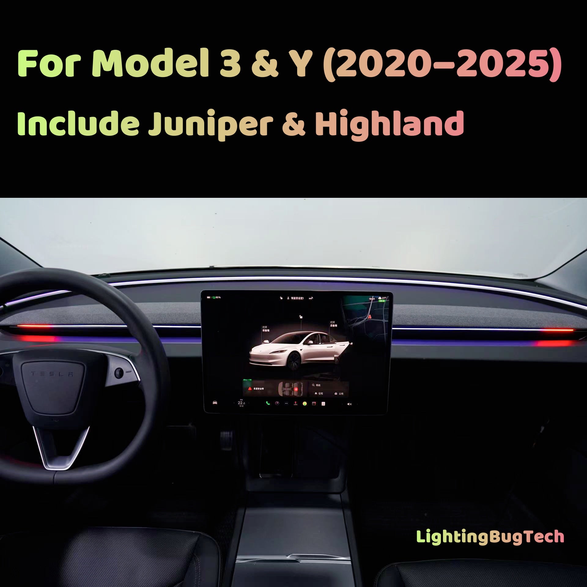 Upgraded Tesla Ambient Light Kit for Model 3 & Y (2020–2025) – Smart OBD Car-Machine Linkage, No App Needed, Blind Spot
