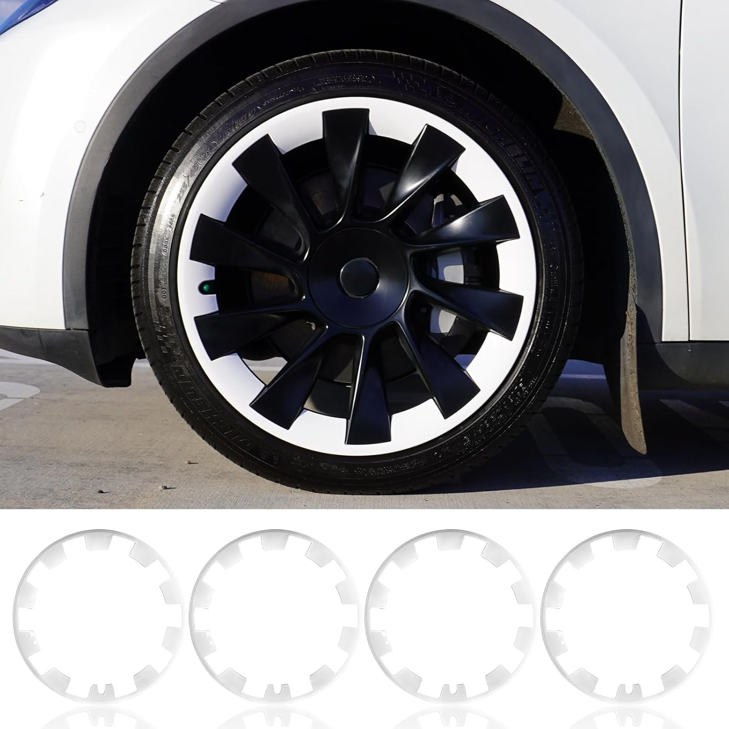 Tesla Model Y 19" 20" Rim Protector Hubcaps on a stylish black wheel for enhanced protection and aesthetics