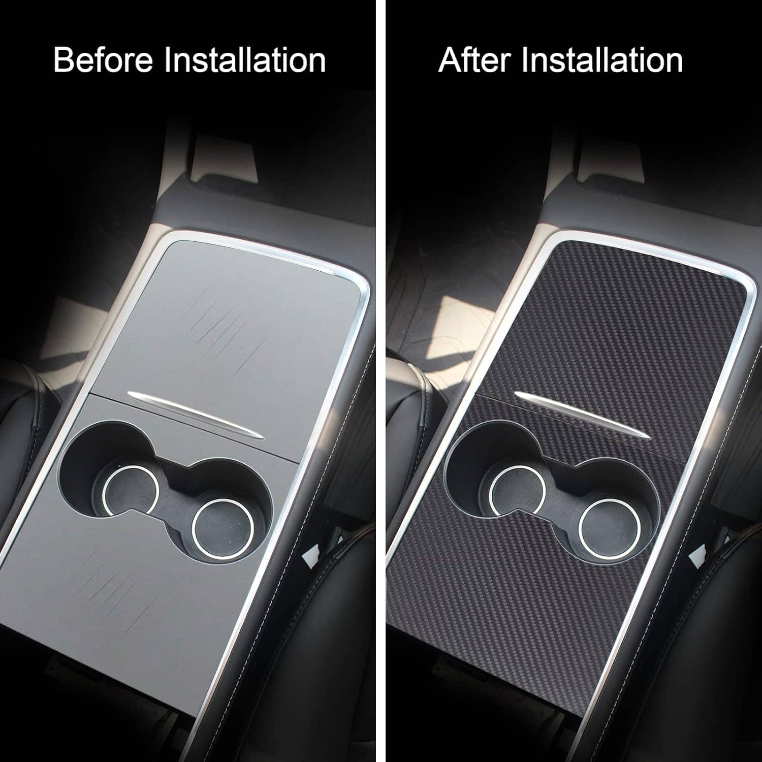Before and after images of LightingBugTech console cover showcasing improved aesthetics and protection