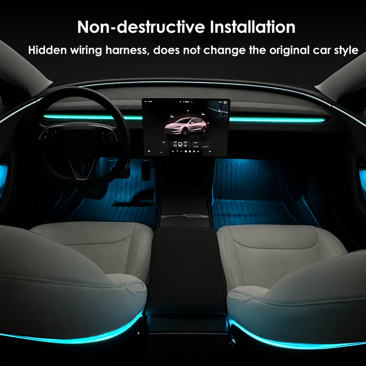 Tesla Highland & Juniper Ambient Lighting Kit showcasing non-destructive installation in a car interior
