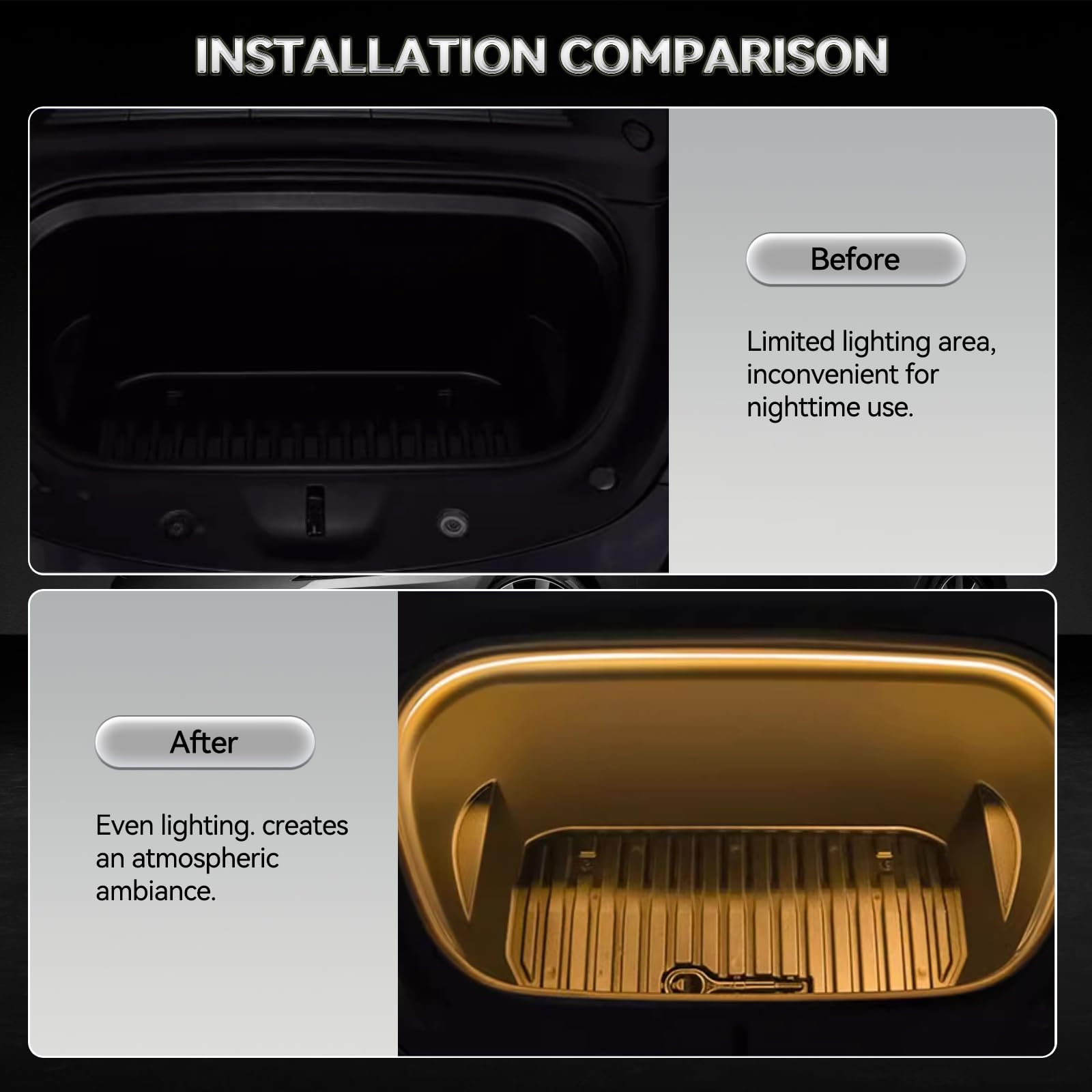 LightingBug Front Trunk Light for Model3&Y installation comparison showing before dim trunk and after ambient illuminated trunk