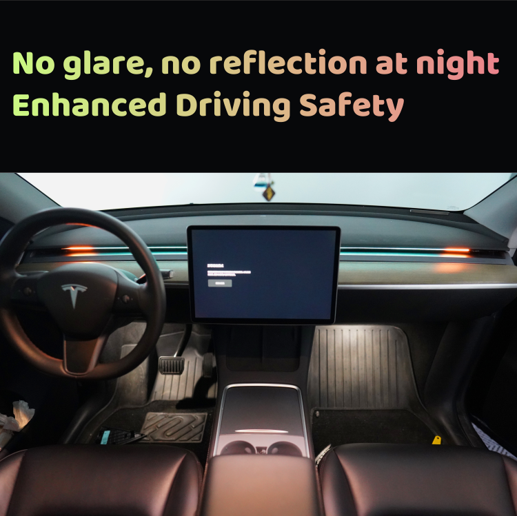 LightingBugTech interior showing teal dash strip and orange corner lights Blind spot ambient lighting for Tesla.