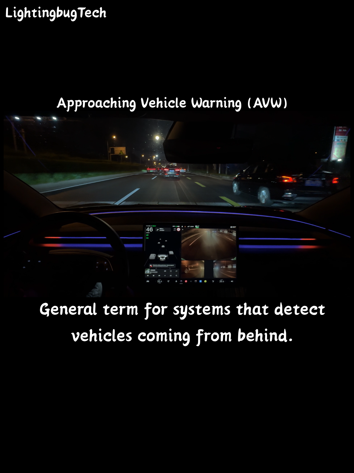 Tesla interior at night with blue ambient LED strips and Blind spot ambient lighting for Tesla indicating approaching vehicles
