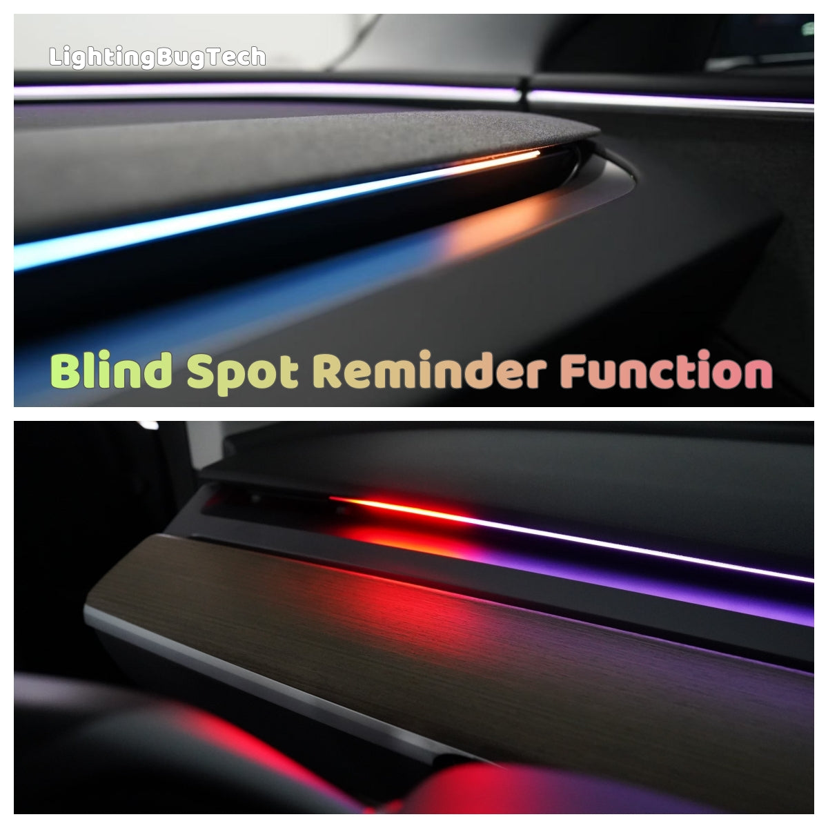 LightingBugTech multicolor LED dashboard strips in Tesla showing blue red purple glow Blind spot ambient lighting for Tesla
