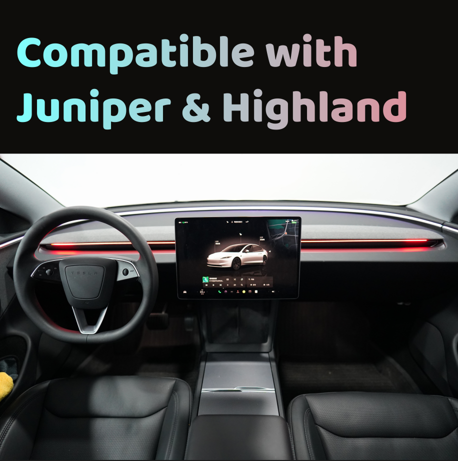 Blind spot ambient lighting for Tesla red LED dash strip in Tesla interior with center touchscreen display