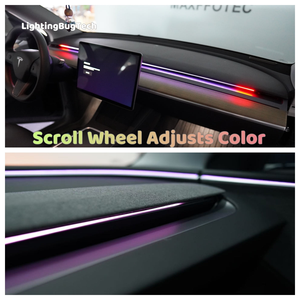 LightingBugTech interior LED strip showing purple and red glow on dashboard Blind spot ambient lighting for Tesla