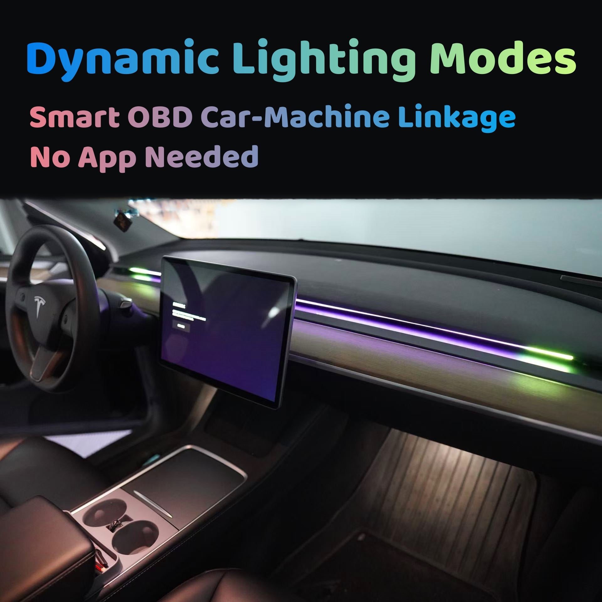 Interior shot of Tesla dashboard with purple and green LED strip lights along dash Blind spot ambient lighting for Tesla