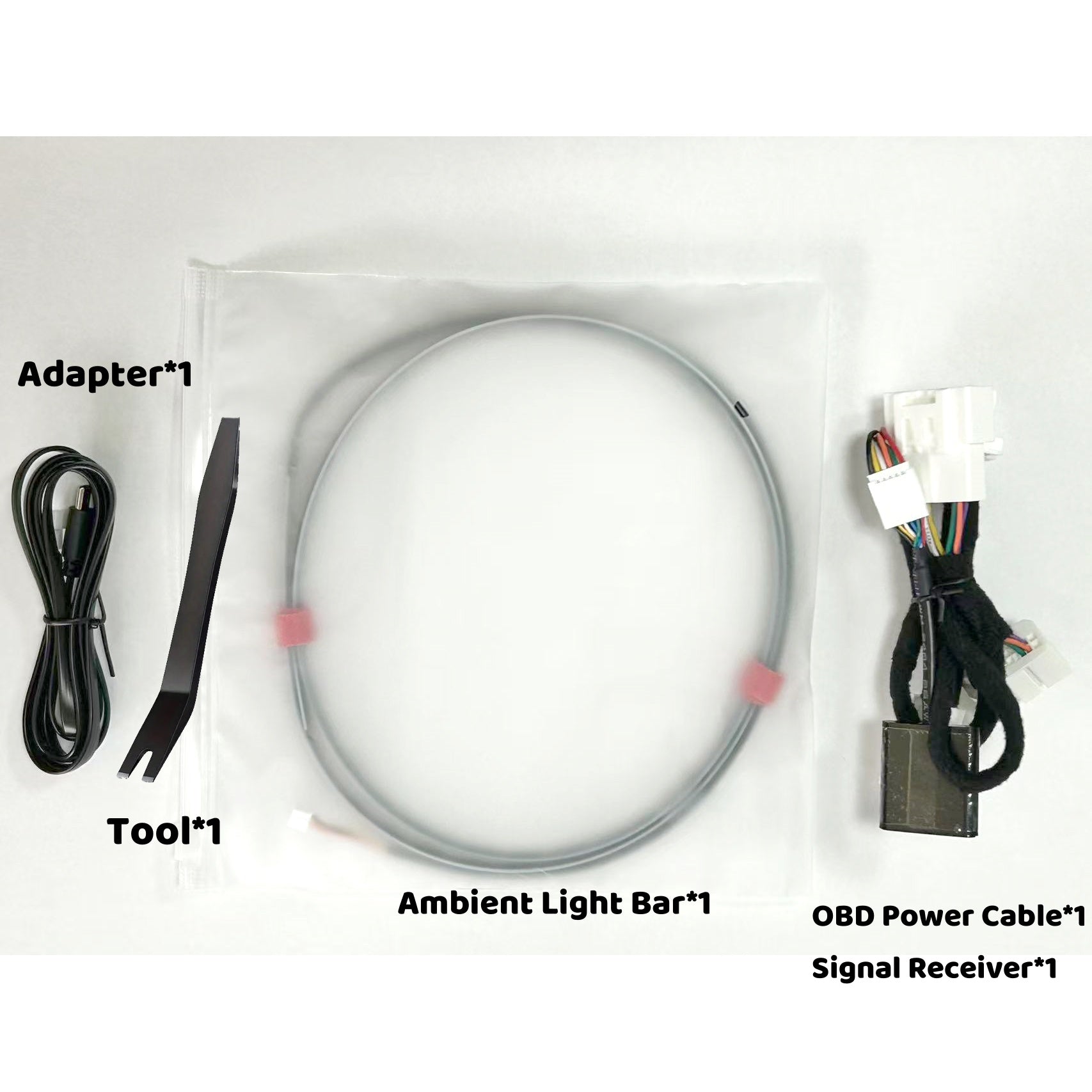 LightingBugTech kit with ambient light bar OBD power cable adapter and tool for Blind spot ambient lighting for Tesla.