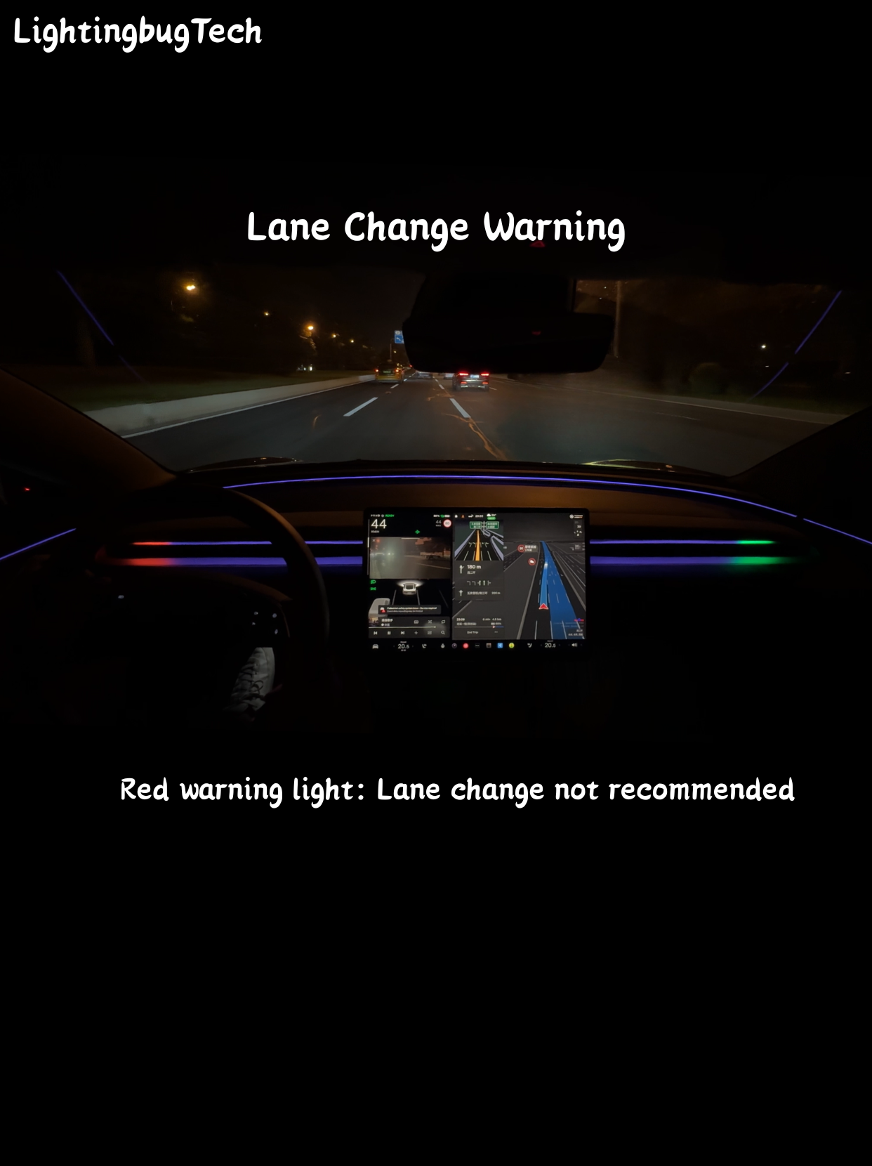 Blind spot ambient lighting for Tesla showing interior dashboard LED strips and lane change warning at night