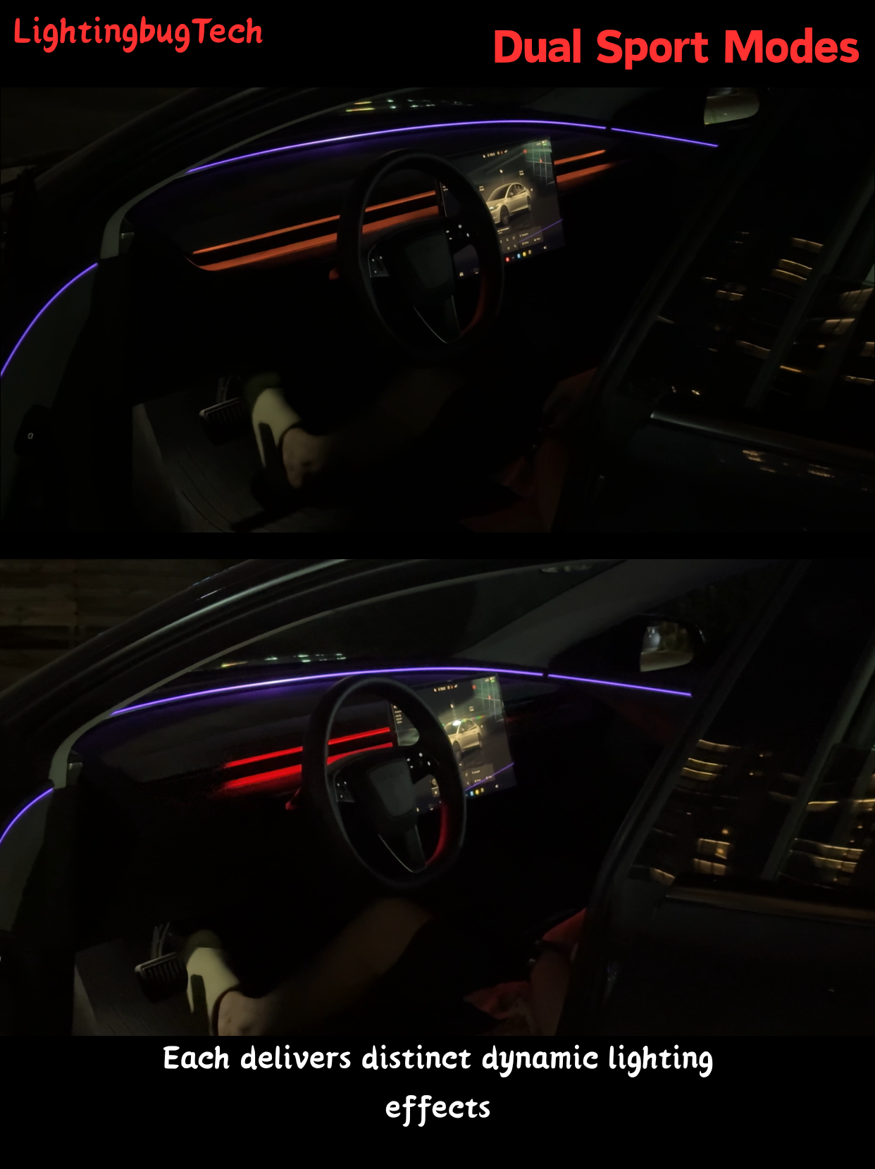 LightingBugTech dual mode dashboard and door LED strips in purple and red Blind spot ambient lighting for Tesla.