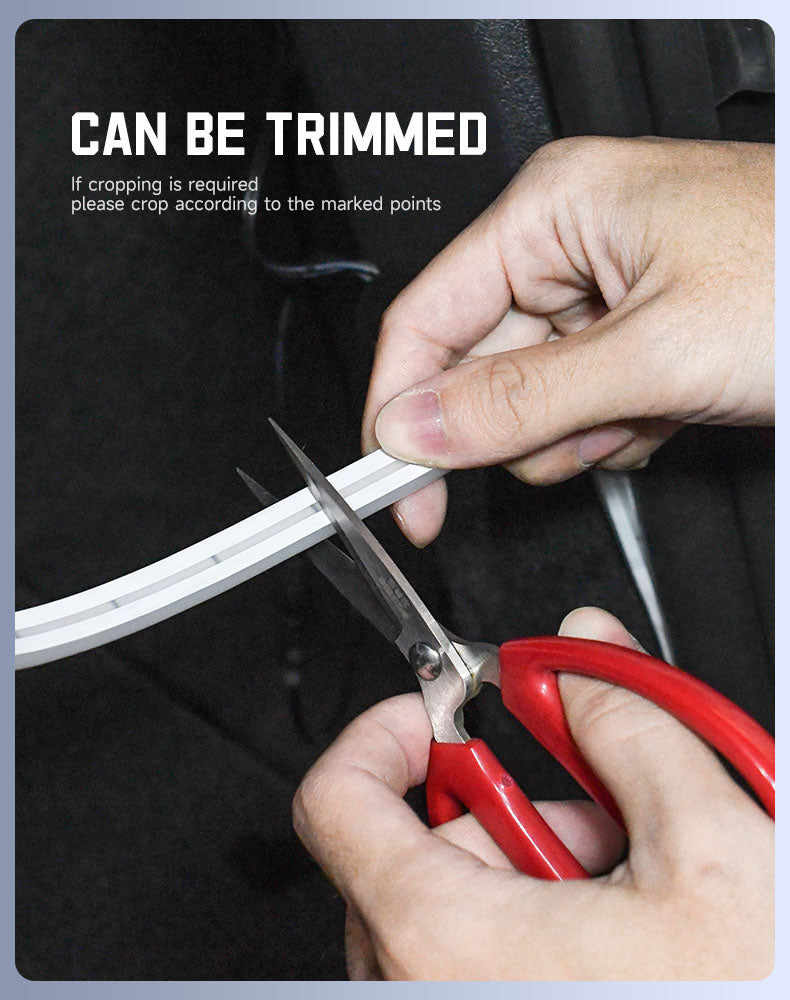 Hands trimming plug and play Tesla trunk light strip with red scissors for customized fit
