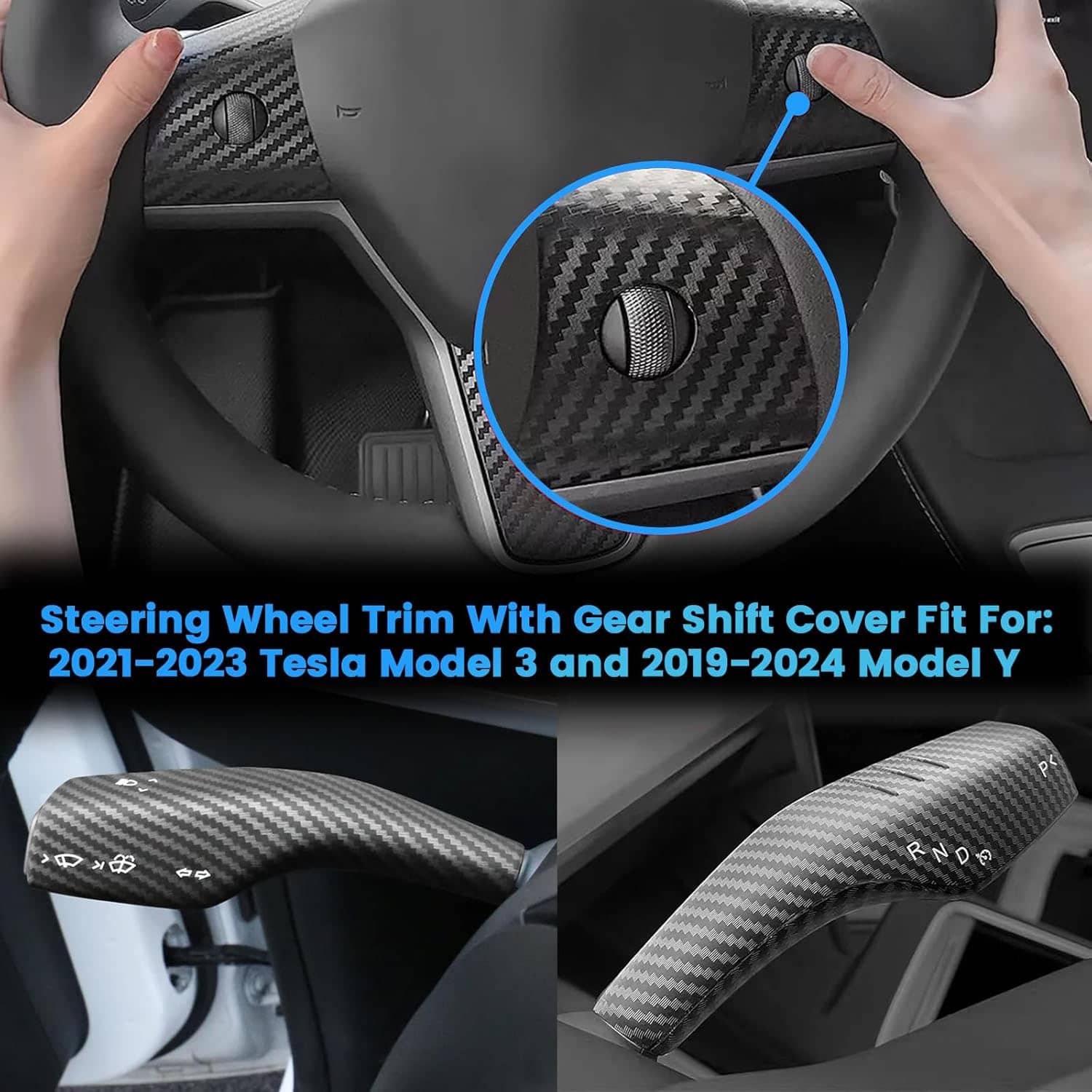 Steering wheel trim with gear shift cover for 2021-2023 Tesla Model 3 and 2019-2024 Model Y