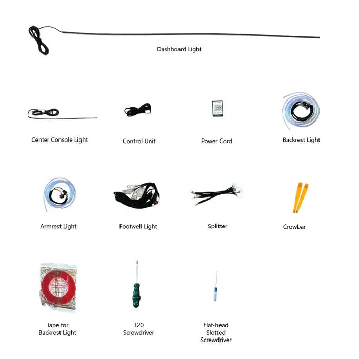 Tesla Ambient Lighting Kit components including lights for dashboard, center console, and backseat