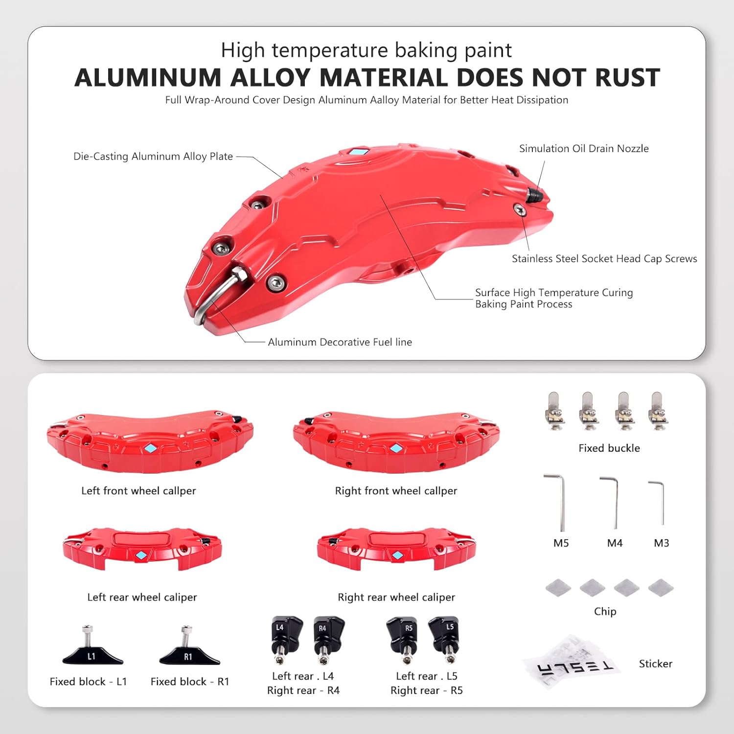 Red Aluminum Brake Caliper Covers for Tesla Model Y/3 with Full Wrap-Around Design for Heat Dissipation