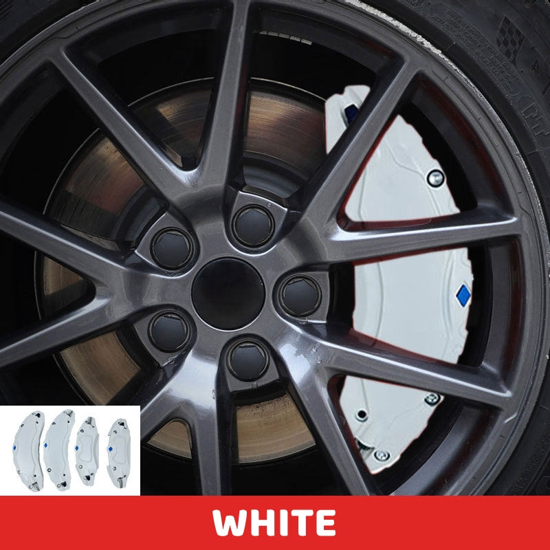 White Brake Caliper Covers for Tesla Model Y/3 enhancing vehicle appearance with durable design