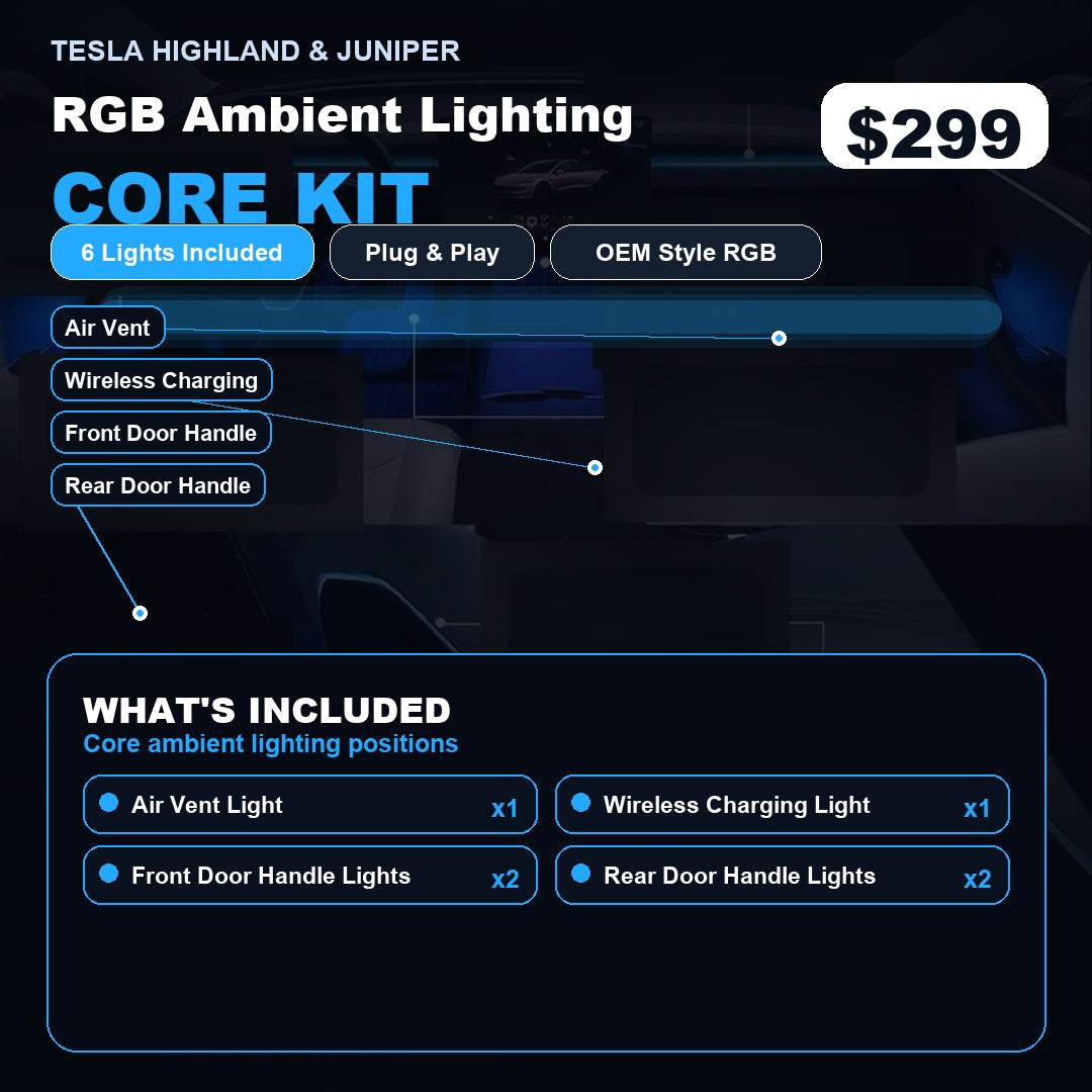 Tesla Highland & Juniper Ambient Lighting Kit Core featuring six RGB lights for enhanced interior ambiance