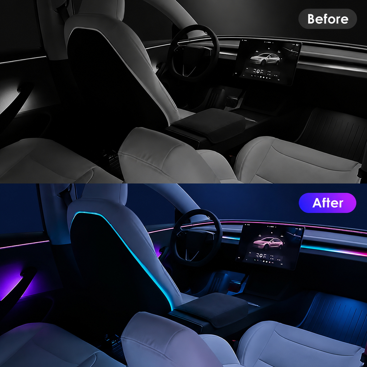 Before and after comparison of Tesla Highland & Juniper Ambient Lighting Kit in a Tesla interior