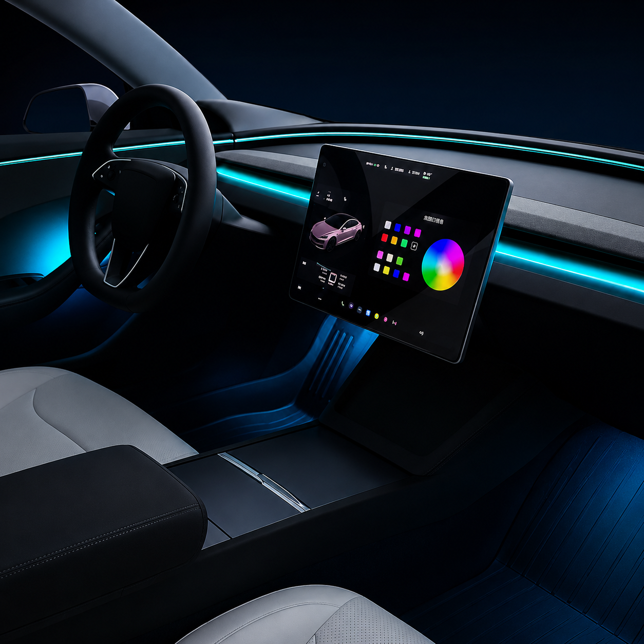 Tesla Highland & Juniper Ambient Lighting Kit illuminating the interior of a Tesla with colorful LED lights