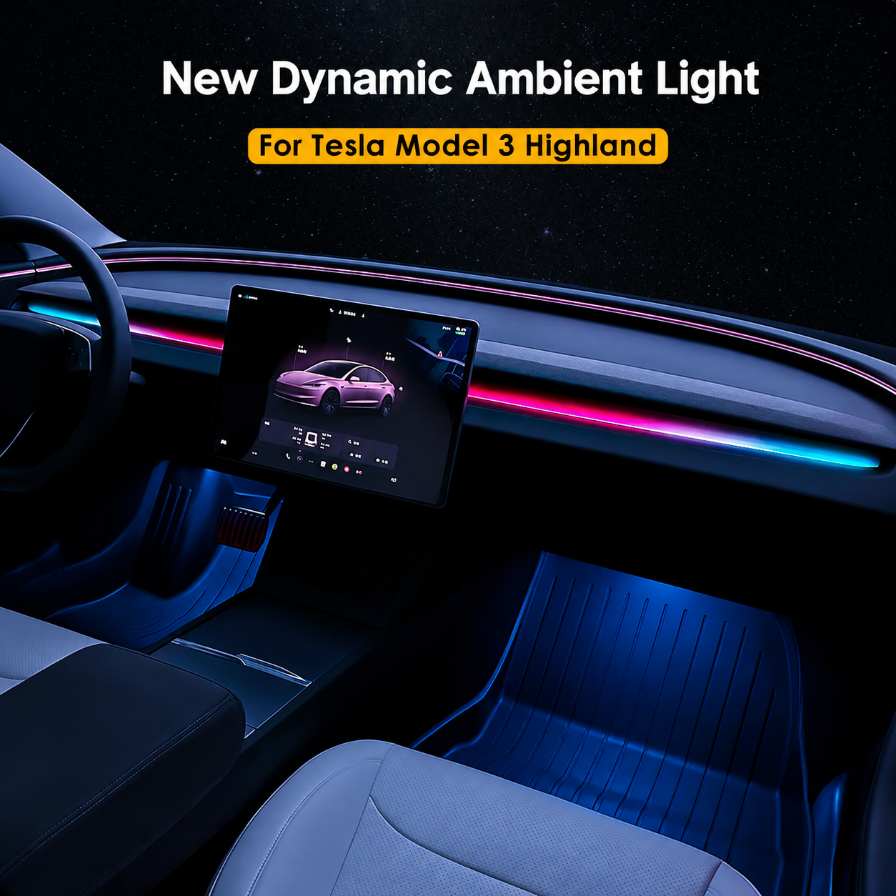 Tesla Highland & Juniper Ambient Lighting Kit displayed in a Tesla Model 3 with vibrant dynamic lights