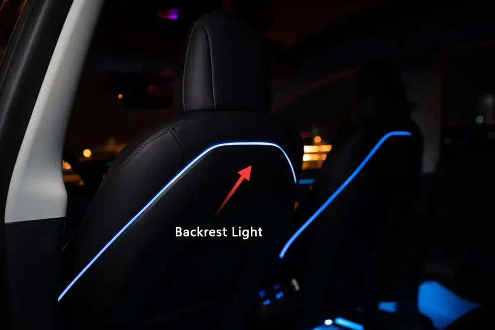 Tesla Model 3 Model Y ambient lighting kit blue backrest light installed on car seats by LightingBugTech