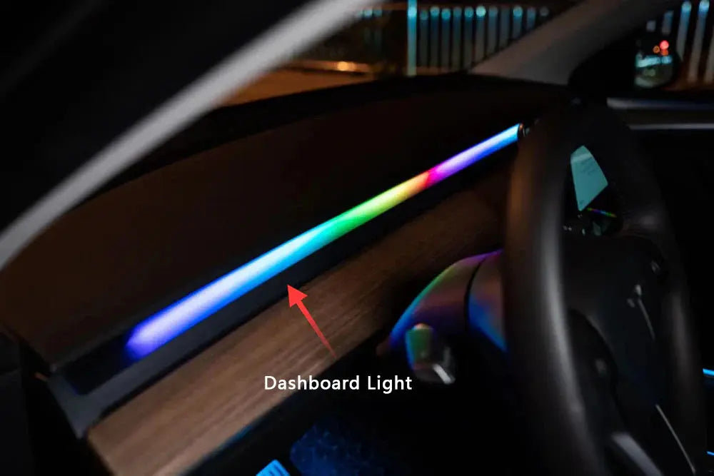 Tesla Model 3 Model Y ambient lighting kit installed on dashboard with multicolor LED light strip