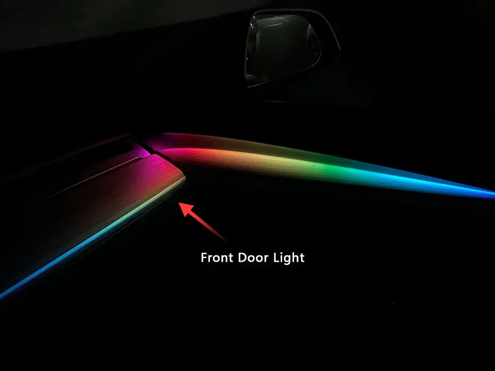 Tesla Model 3 Model Y ambient lighting kit showing colorful front door light illumination inside car