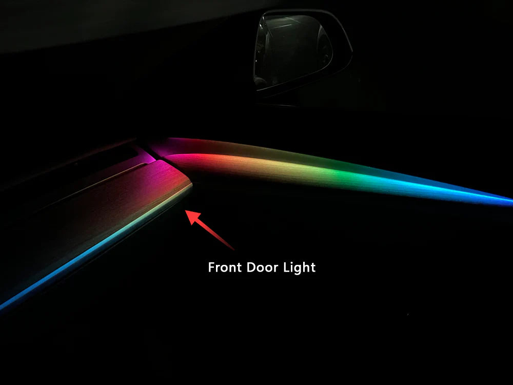 Tesla Model 3 Model Y ambient lighting kit showing colorful front door light illumination inside car
