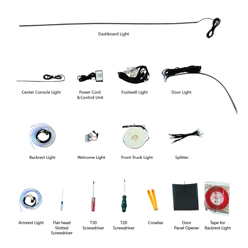 Tesla Model 3 Model Y ambient lighting kit components including dashboard, footwell, door, backrest, and trunk lights with tools
