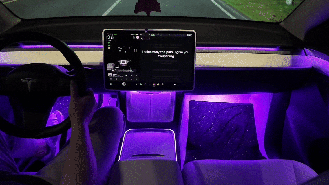 Tesla Model 3 interior featuring purple ambient lighting from the Tesla Model 3 Model Y ambient lighting kit by Lighting Bug