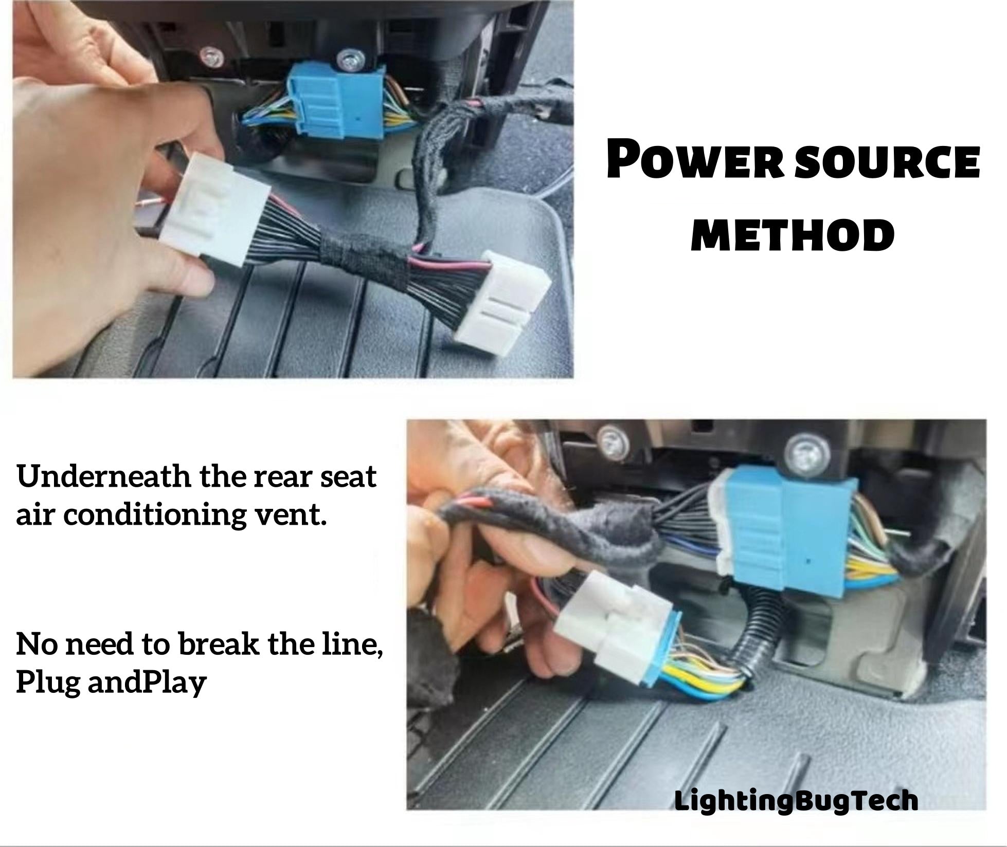 Tesla Model 3 Model Y ambient lighting kit power source wiring connector installation under rear seat vent
