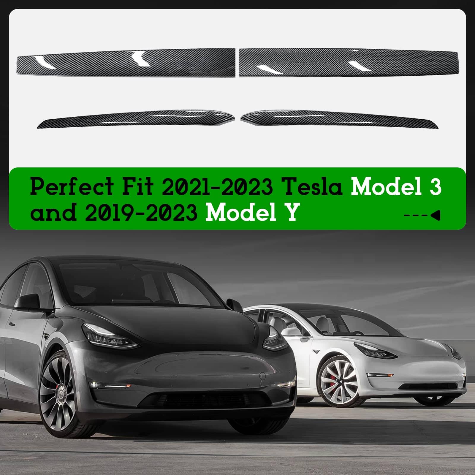 Tesla Model 3 & Model Y Carbon Fiber Interior Trim Kit – Dashboard & Center Console Cover Upgrade (2019–2026) showcased on sleek Tesla vehicles