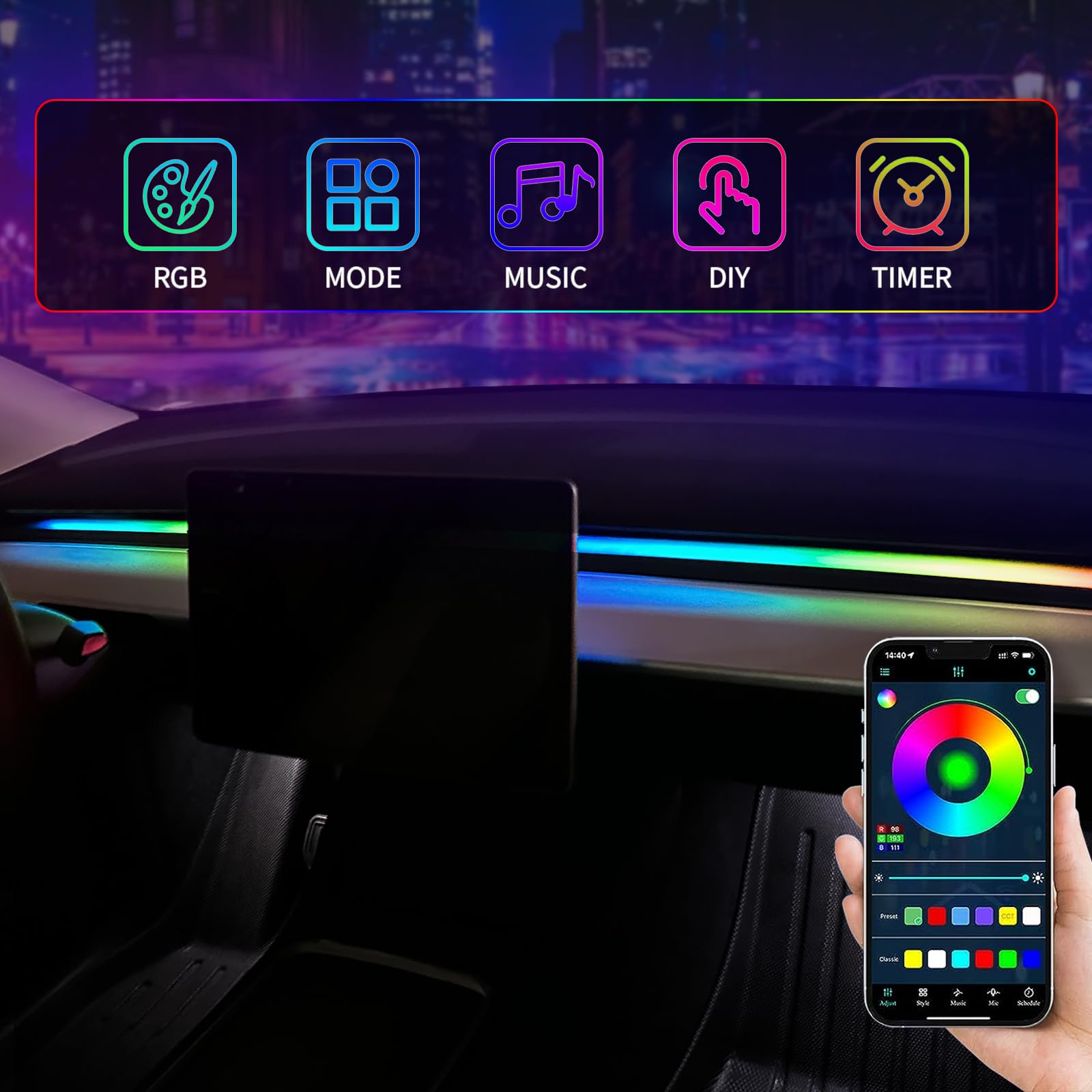 Dashboard Light for Tesla Model3&Y (2019-2024) ambient lighting with RGB color control via smartphone app