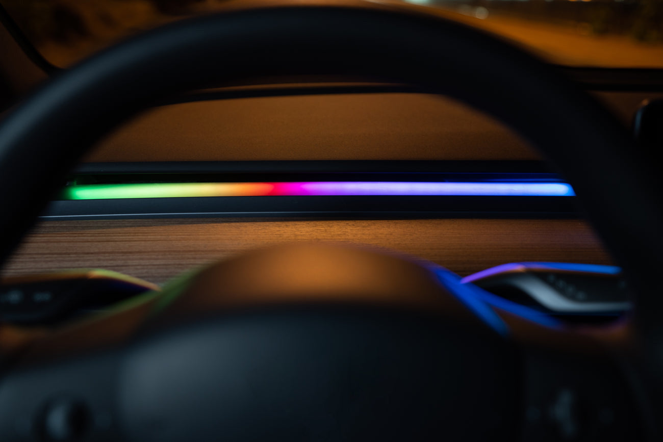 Dashboard Light for Tesla Model3&Y (2019-2024) ambient lighting strip glowing in multiple colors inside car