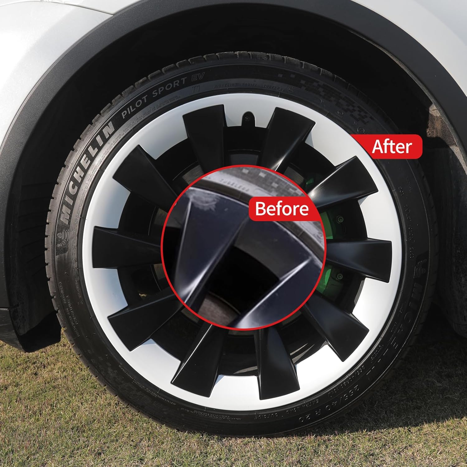 Tesla Model Y 19" 20" Rim Protector Hubcaps showcased on the wheel with before and after comparison
