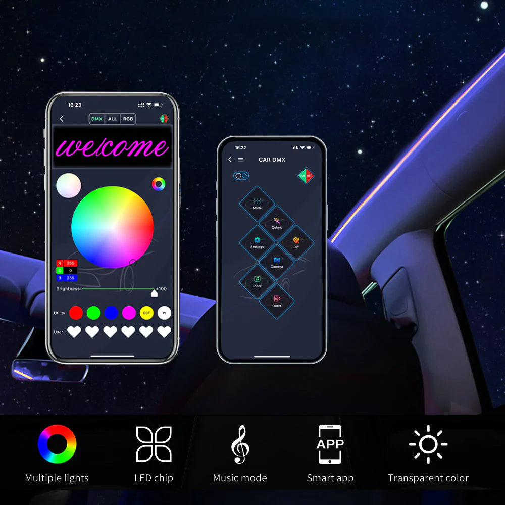 Tesla Model 3 Model Y ambient lighting kit app interface showing color wheel and lighting modes inside car interior