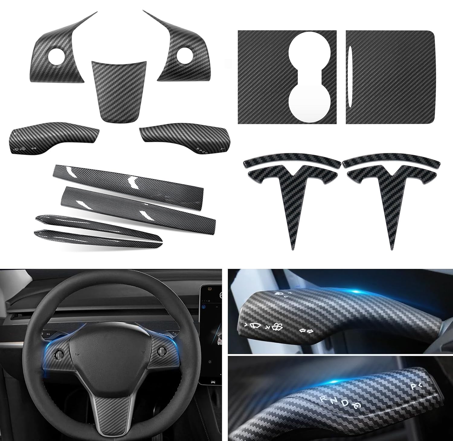 Carbon Fiber Interior Trim Kit for Tesla Models with Dashboard and Steering Wheel Enhancements