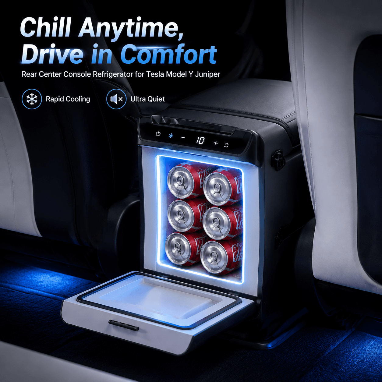 Tesla Model Y Juniper Rear Center Console Refrigerator with rapid cooling and ultra-quiet operation