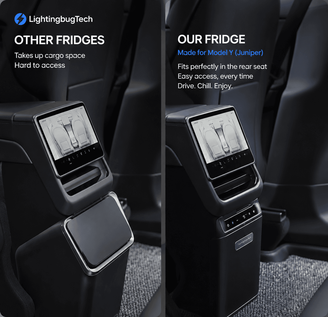 Tesla Model Y Juniper Rear Center Console Refrigerator showing easy access and space-saving design