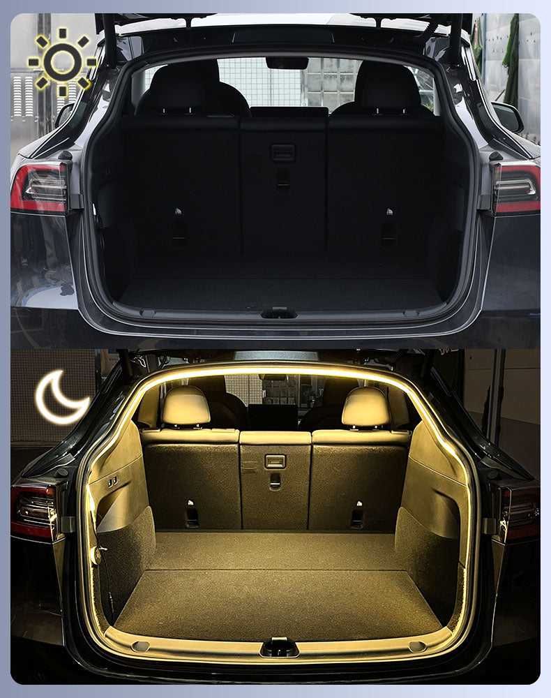 Open Tesla trunk showing dark interior by day and illuminated interior with plug and play Tesla trunk light strip at night
