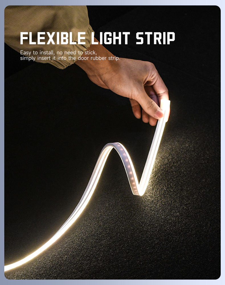 Hand holding flexible Plug and play Tesla trunk light strip glowing with white LEDs