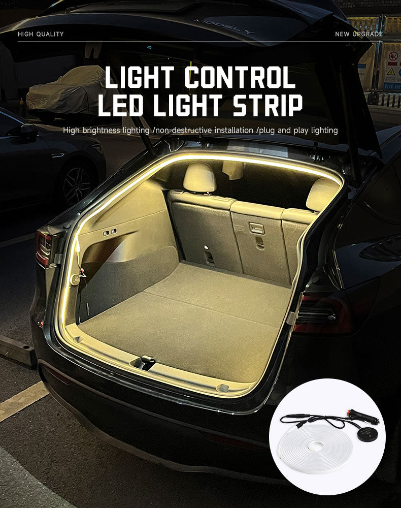 Plug and play Tesla trunk light strip installed around open car trunk for bright LED lighting