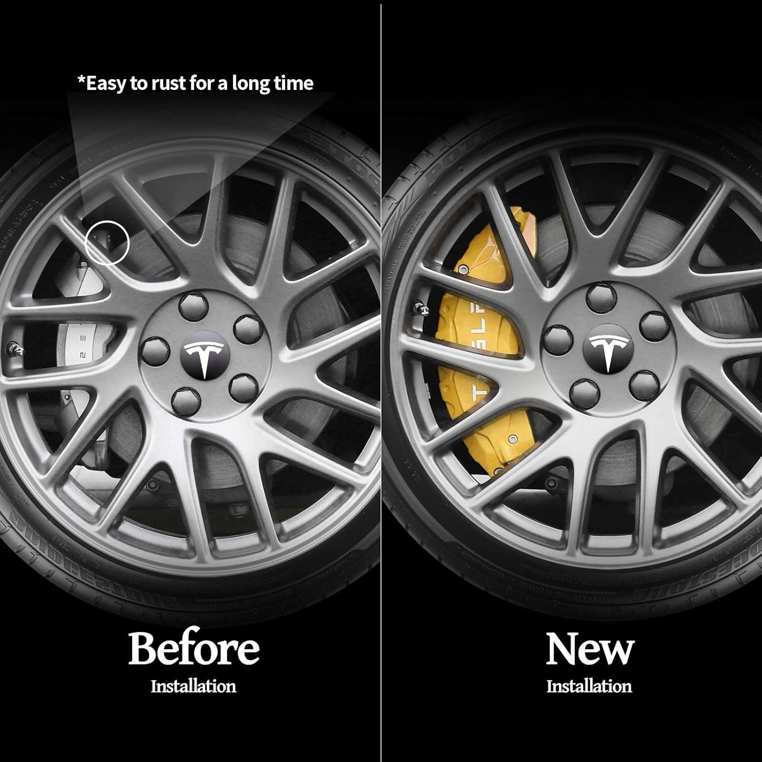 Before and after image of Brake Caliper Covers for Tesla Model Y/3 showcasing improved look and protection