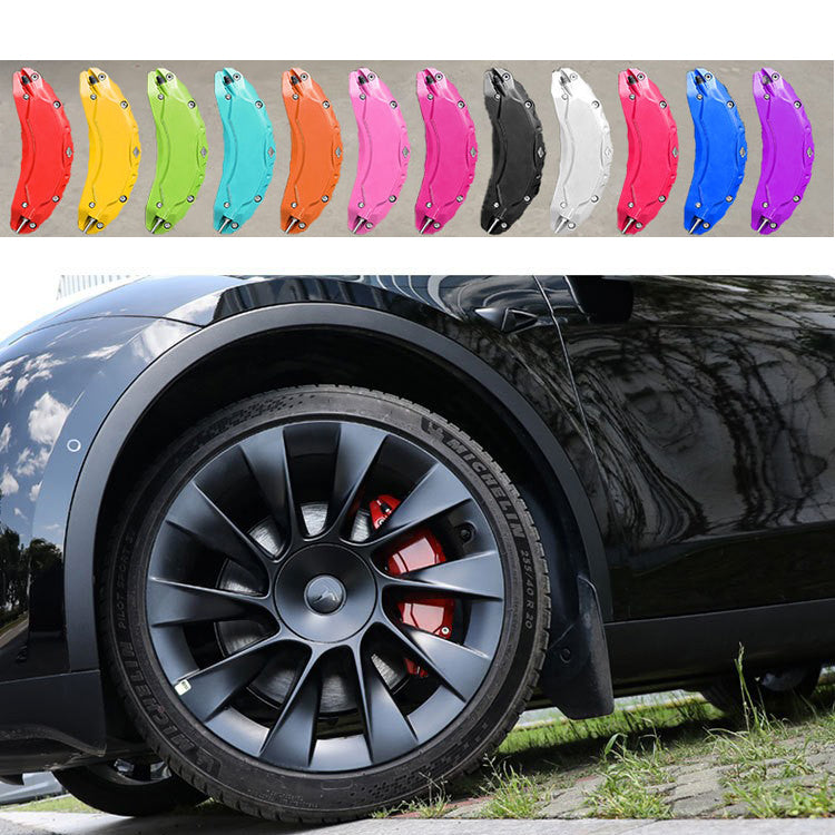 Colorful Brake Caliper Covers for Tesla Model Y/3 arranged above a Tesla wheel showcasing a sporty look