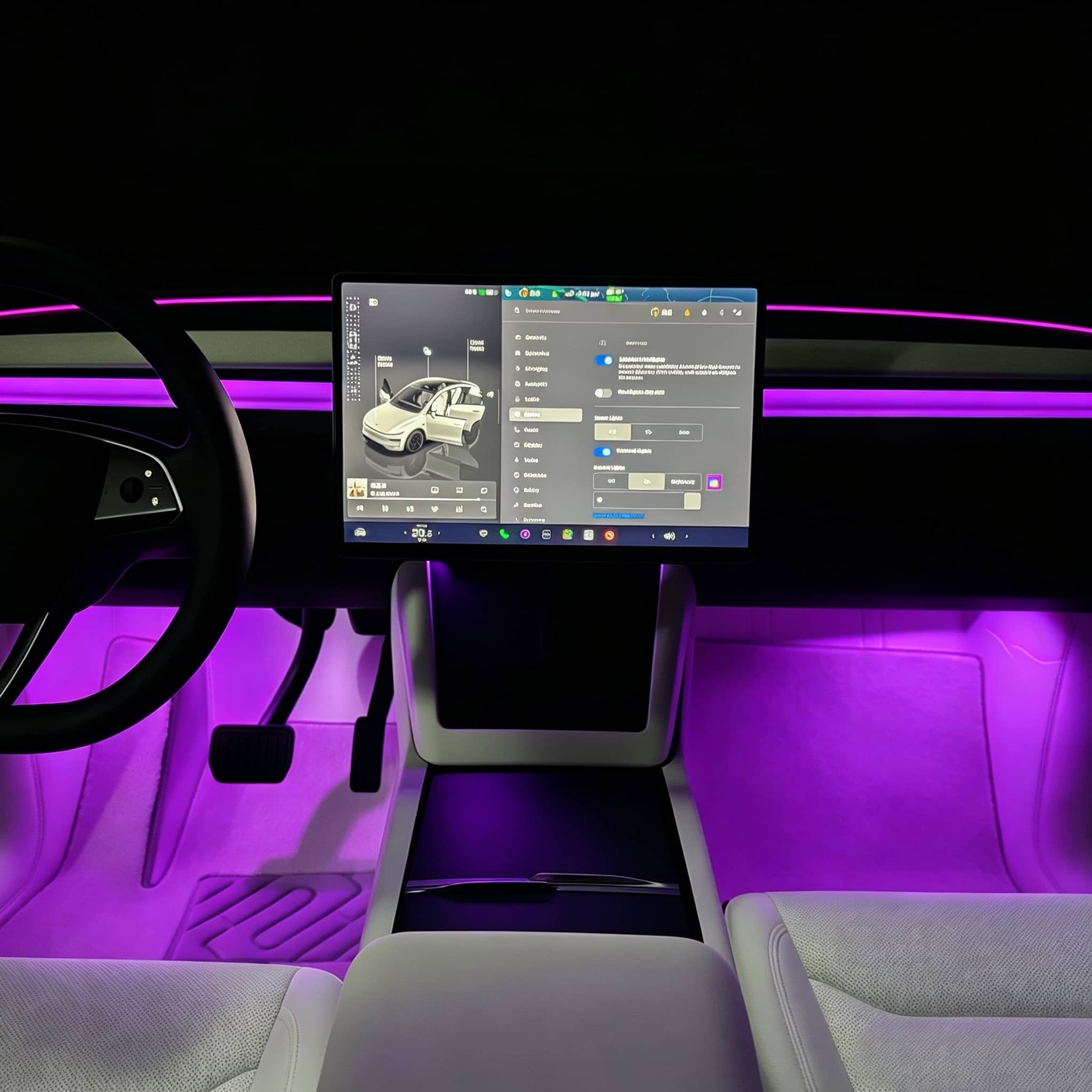 Tesla Highland & Juniper Ambient Lighting Kit illuminating the interior of a Tesla vehicle